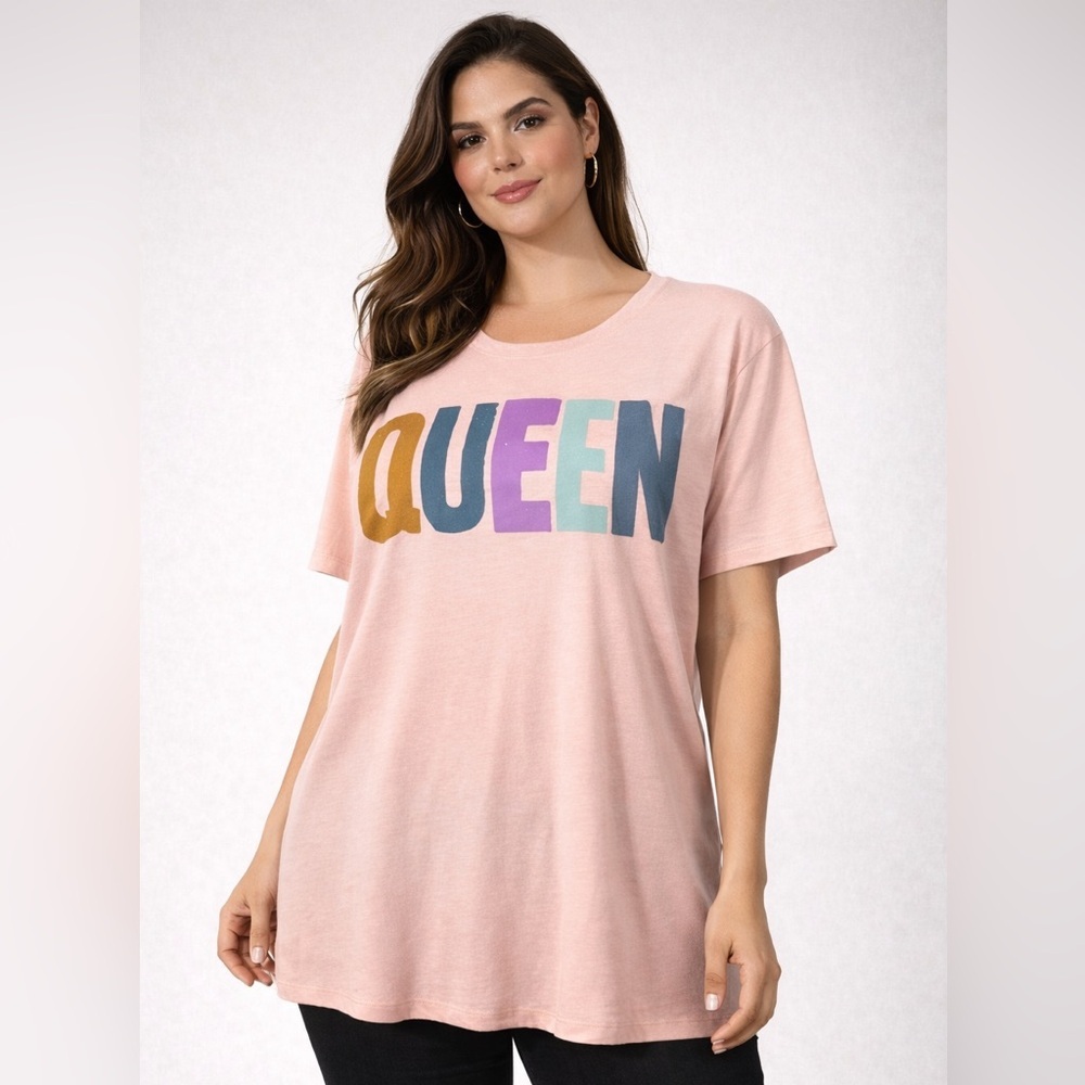 Pink Graphic Tee with Multicolor 'QUEEN' Print